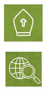 Grüne Kachel mit weißer Bischofsmütze und Grüne Kachel mit  mit einer weißen Lupe die sucht auf einem weißem Globus